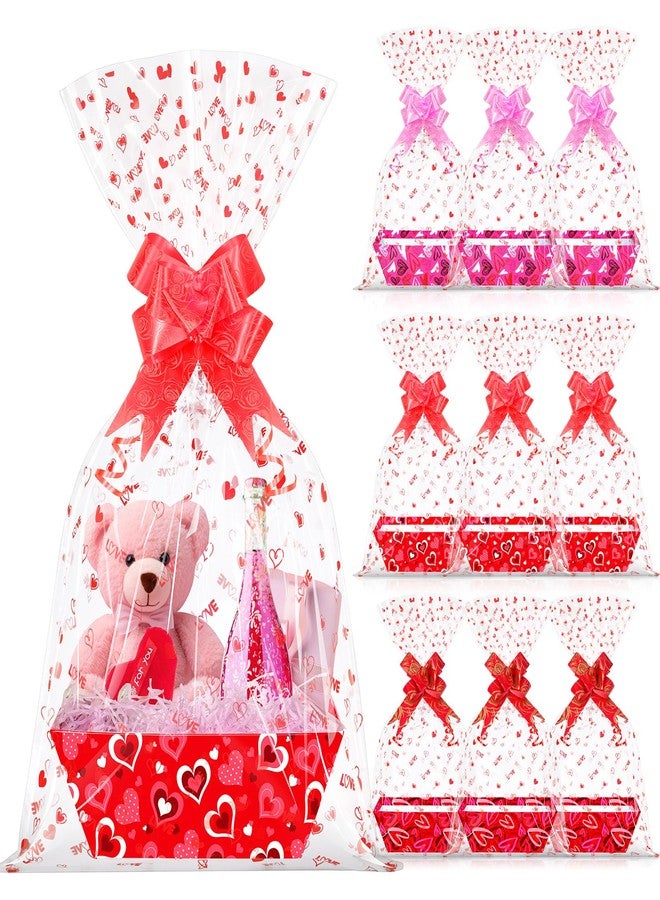 Hallswl 12 Set Valentines Day Empty Gifts Baskets with Cellophane Basket Bags and Bows Ribbons,Red Pink Heart Market Tray Cardboard Gift Basket Bulk Empty To Fill For Valentine's Day Birthday Wedding Decor - Image 1